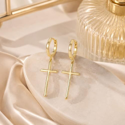 14K Gold Cross Hoop Earrings for Women Dangle Huggie Earrings