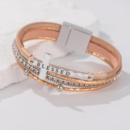 Christian Cross Leather Bracelets Boho Western Blessing Religious Jewelry - color: Rose Gold