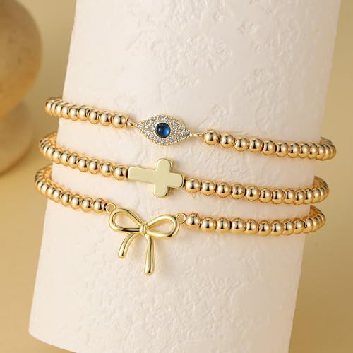 GINAZAL Gold Bead Bracelet for Women, Hypoallergenic Fade-Resistant | Brass | 14K Gold |Cubic Zirconia - color: Cross