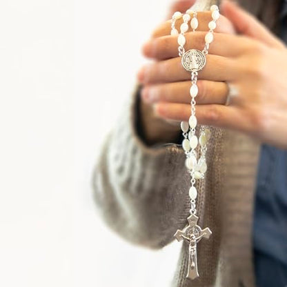 Catholic Rosary For Men & Women - 22.5" Rosary Necklace From The Holy Land Of Jerusalem - Catholic Rosary With Olive Wood & Mother of Pearl Rosary Beads & Crucifix Dangle - color: Saint Benedict