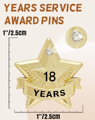 Years of Service Pins, Gold Star Pin for 1-30 Year Work Anniversary, Long Standing Employee Recognition Award Star Pins for Staff, Team & Volunteers - style: 18 Years