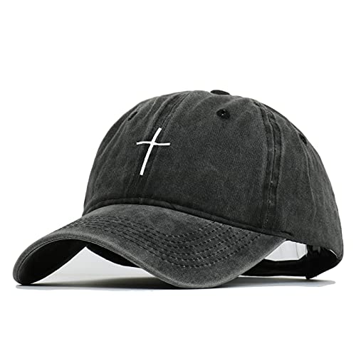 Cross Embroidery Baseball Cap,Adjustable Structured Dad Hat for Men Women Sun Hat - color: Black Washed