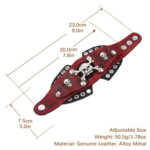 HZMAN Leather Bracelets Retro Men's Leather Cuff Bracelet Adjustable Wide Wristband Bracelet Jewelry Gift - color: Red-Skull