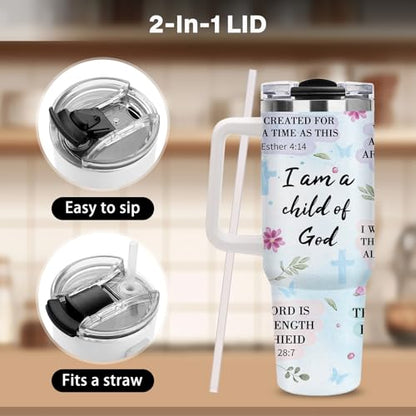 Christian Gifts for Women, 40oz Religious Tumbler with Handle , I Am a Child of God Stainless Steel Insulated Travel Mug, Mother's Day Birthday Inspirational Scripture Present for Mom Grandma Sister - color: Religious-D-276-E
