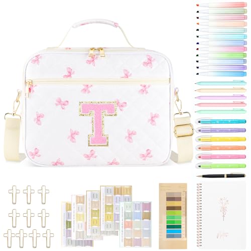 Personalized Initial Bible Cover Case for Women Bible Bag w/Study Supplies - color: Pink Bow, size: T