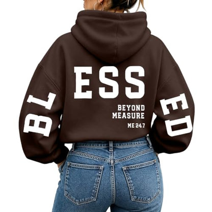 Christian Hoodies Women Blessed Sweatshirts Jesus Religious Sayings Sweater - color: Brown, size: XX-Large
