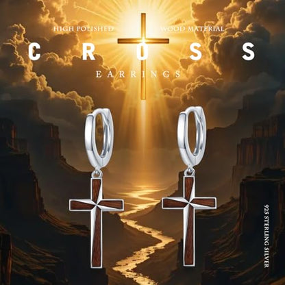 Cross Earrings for Women Men 925 Sterling Silver, Cross Hoop Drop Earrings, Christian Jewelry Gift for Women Men - style: Wooden Cross Earrings