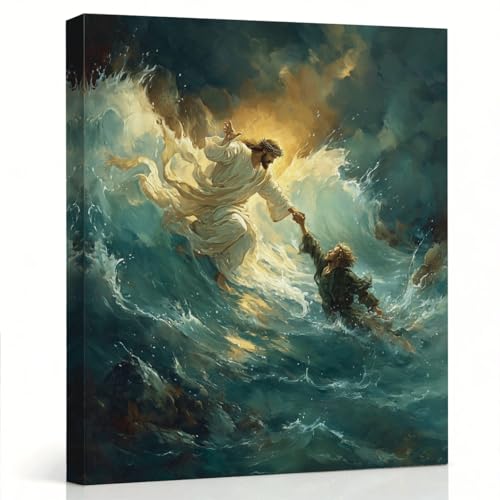 RTVJTERQ Biblical Canvas Wall Art, Jesus Rescues Peter From The Waves Art Print, Christian Faith Wall Decor for Prayer Room Church 8x10 Inch - color: Patriotic 19