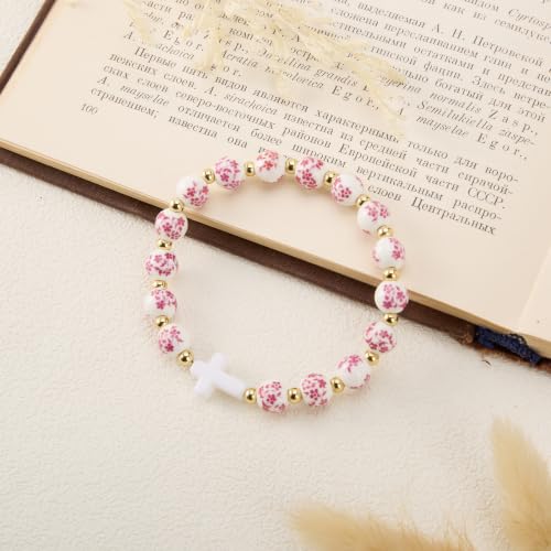 Cross Bracelet for Women - Christian Cross Beaded Bracelet Religious Jewelry for Women, Catholic Confirmation Gifts Inspirational Stretch with Charm, Meaningful Confirmation Jewelry Gifts - color: Rose Red