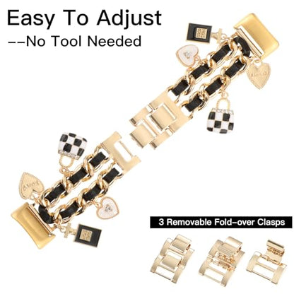 Stylish Metal Wristband Compatible with Fitbit Charge 6/Charge 5 Bands for Women,Cute Strap with Unique Love Cross Pendants Chain Charms Bracelet for Charge 5 6 Fitness Tracker - color: Gold+Black Leather