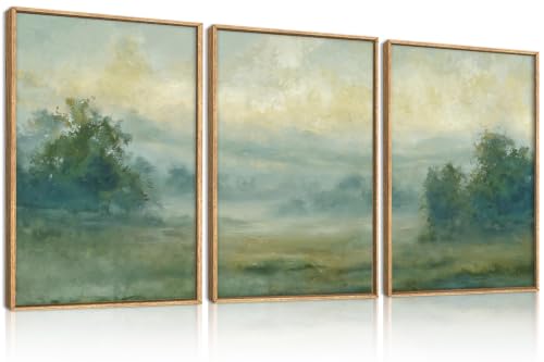 HLNIUC Green Abstract Minimalist Framed Canvas Wall Art,Large Neutral Landscape Wall Decor,Watercolor Forest Mountain Artwork Set of 3(16x24),Modern Nature Scenic Prints for Living Room,Bedroom,Office - color: Green Abstract, size: 16"L x 24"W
