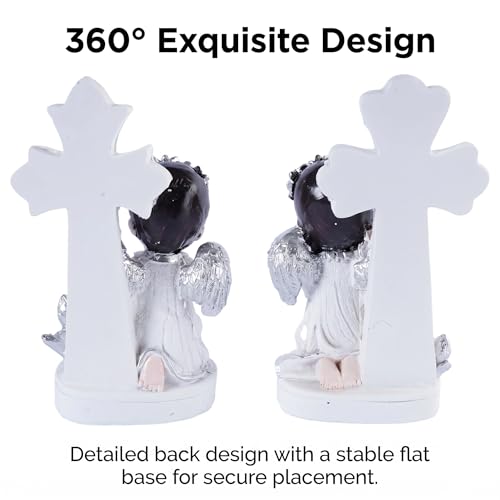 Angel Figurines Set of 2 Praying Cherub Angel Statues with Cross Backdrop White and Silver Resin Tabletop Shelf Decor for Baptism Memorial Wedding Christian Home