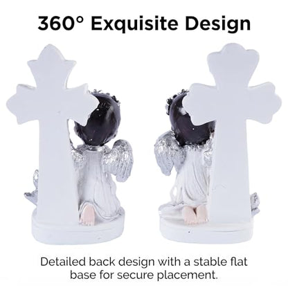 Angel Figurines Set of 2 Praying Cherub Angel Statues with Cross Backdrop White and Silver Resin Tabletop Shelf Decor for Baptism Memorial Wedding Christian Home