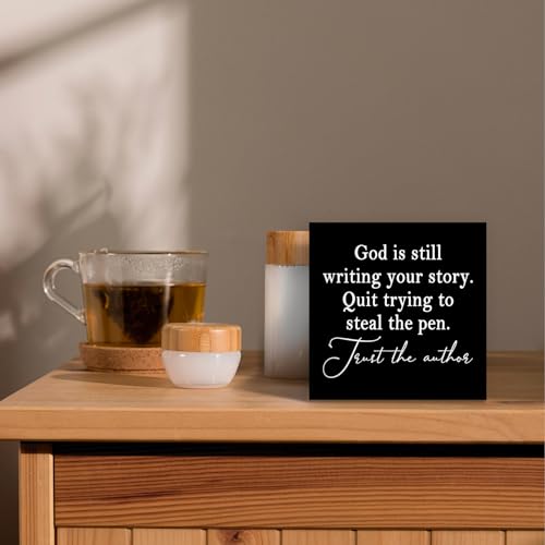 God Is Still Writing Your Story Black Wood Box Sign Desk Decor 5x5, Christian Scripture Bible Verse Prayer Room Orange Wooden Block Sign Decorations for Home Office Wall Tabletop Shelf Decor - color: Colour 01, size: 5 x 5 in