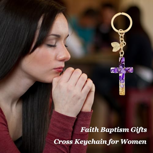 Angyape Cute Christian Cross Keychain for Women Purse Bag Charms Car Key Rings Accessories Flower Design Jesus Faith Gifts - color: J：purple