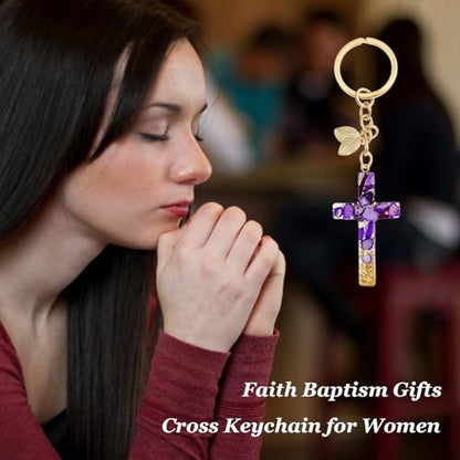 Angyape Cute Christian Cross Keychain for Women Purse Bag Charms Car Key Rings Accessories Flower Design Jesus Faith Gifts - color: J：purple