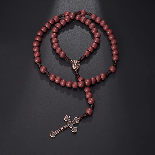 10mm Brown Beads Catholic Rosary Handmade Braided Rosaries with Curcifix Cross and Holy Mary Medal Amulet Rosary Beads Necklace for Women Men - color: Reddish