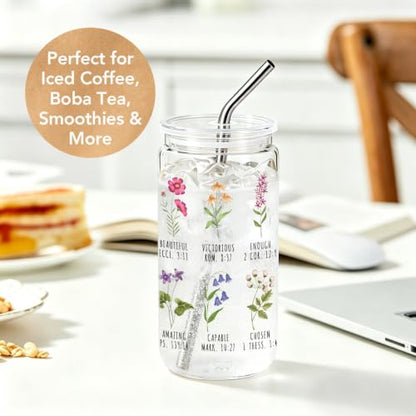 Wildflower Gifts for Christian Women 16 oz Glass Cups with Lids and Straws, Inspirational Scripture Coffee Cup Tumbler for Friends, Mothersday Baptism Birthday Religious Graduation Gifts for Mom Teens