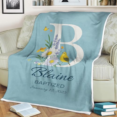 Baby Gifts for Newborn Boys Personalized, Personalized Baptism Blanket for Baby Girl Or Boy Custom Name, Date & Floral Initial Christening Gift from Godparents, Godson Blanket - color: #Ver1