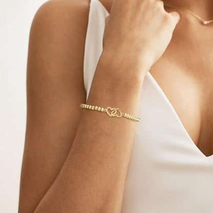 Beaded Bracelets for Women 14K Silver Gold Plated Stretch Handmade Ball Bracelets Cute Charm Bracelet Dainty Stackable Cross Heart Bow Wave CZ Circle Trendy Jewelry Easter Gifts - color: Gold-4