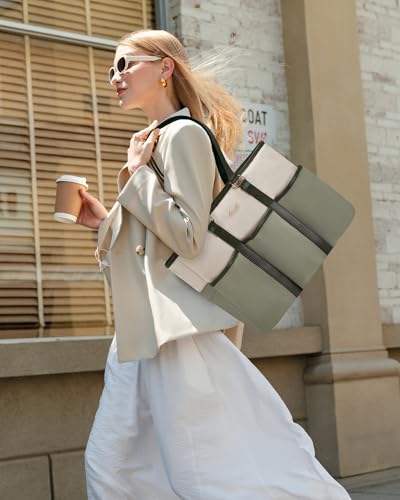 LOVEVOOK Work Tote Bag for Women With Large Cup Holder, Laptop Bag for Women, Utility Bag For Work/Travel/College/Daily, Professional Computer Purse Large Handbag With Multi Pocket - color: Green-beige-olive Green, size: 15.6 Inch