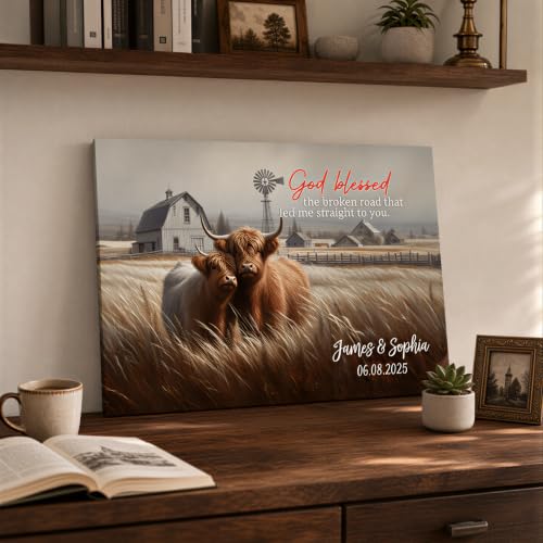 Ipplee Custom Highland Cow Wall Art, God Blessed the Broken Road for Couple - color: Design 01