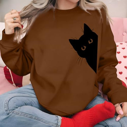 Cat Sweatshirts for Women Graphic Print Sweatshirt Funny Long Sleeve Shirt Cute Pullover Lightweight Hoodie Tops - color: Brown, size: X-Large