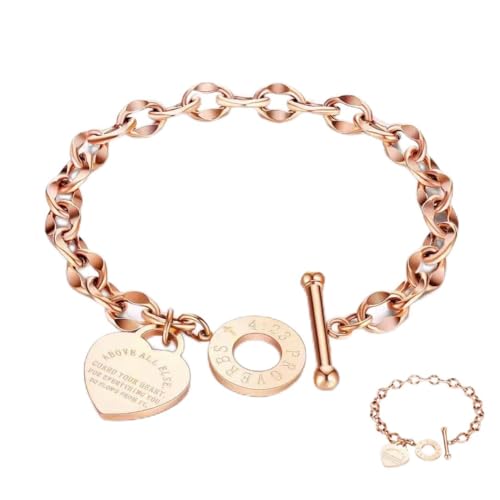 Heart Charm Bracelet Plated 18K Gold/Silver/Rose Gold Bible Scripture Heart Bracelet for Women Jewelry Gift Her Link Chain OT Clasp Stainless Steel - color: Rose Gold（7.1 inch）
