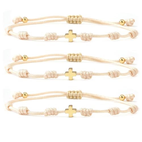 7 Knots Protection Good Luck Red String Rope Gold Cross Bracelet for Women Men, 3Pcs stack Evil Eye Handmade Amulet Adjustable Jewelry, God Christ Pray Friendship Gift - color: Khaki Cross