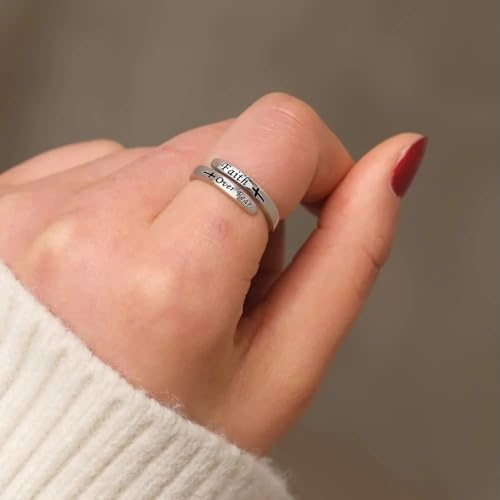 Faith Over Fear Cross Inspirational Rings for Women Daughter, Christian Blessed Hope Love Encouragement Rings Adjustable Open Tiny Purity Wrap Thumb Cross Ring Jewelry Graduation Cocktail Party - color: Silver
