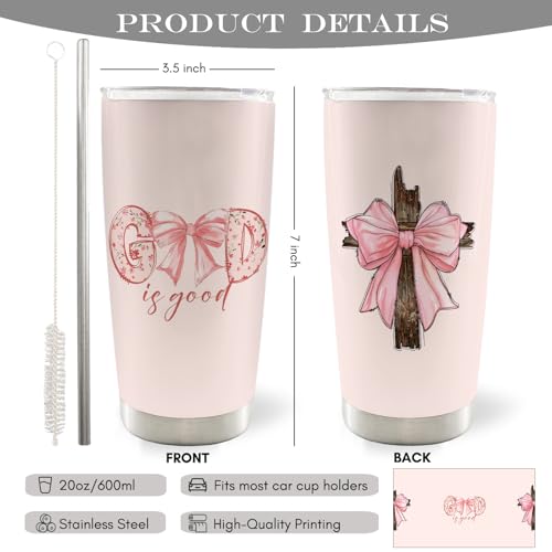 Christian God is Good Pink Bow Cross 20oz Travel Coffee Mug Tumbler, Christian Easter Tumbler Gifts for Women Kids, Preppy Stuff, Pink Preppy Water Stainless Steel Tumbler with Lid and Straw - color: bow