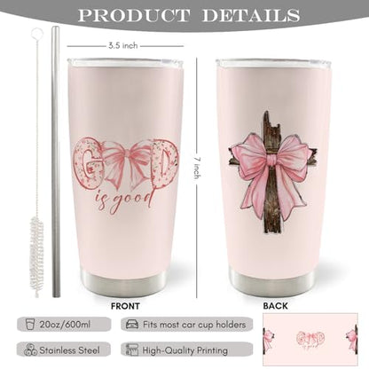 Christian God is Good Pink Bow Cross 20oz Travel Coffee Mug Tumbler, Christian Easter Tumbler Gifts for Women Kids, Preppy Stuff, Pink Preppy Water Stainless Steel Tumbler with Lid and Straw - color: bow