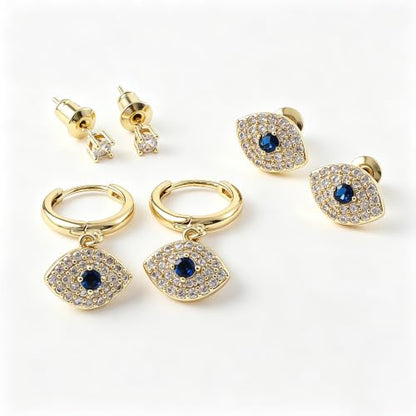 SHERLOVE Gold Earring Stacks Women 3Pairs Dangle Stud Huggie Hoop Set - color: 3 Pairs-Evil eye 01 Stud Gold