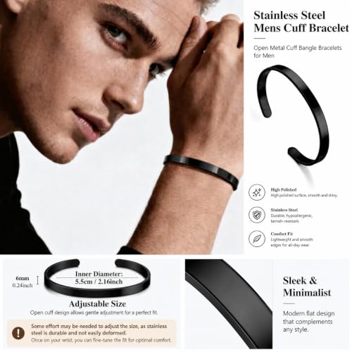 Stainless Steel Cuff Bracelet for Men, Adjustable Open Metal Bangle Bracelet, Minimalist Mens Jewelry Gift - color: black