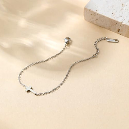 18K Gold Plated Pearl Beaded Cross Bracelets for Women Adjustable - color: Tiny Cross-White Gold