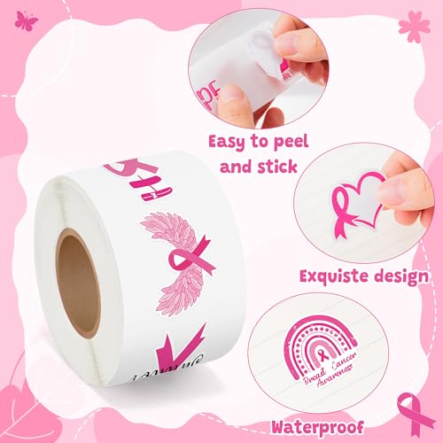 BeYumi Breast Cancer Awareness Stickers - 1000Pcs Breast Cancer Awareness Stickers in 2 Rolls Waterproof Vinyl Pink Ribbon Caring for Women's Health Decals Care About Women Laptop Bottle Luggage Decor - style: Breast Cancer Awareness