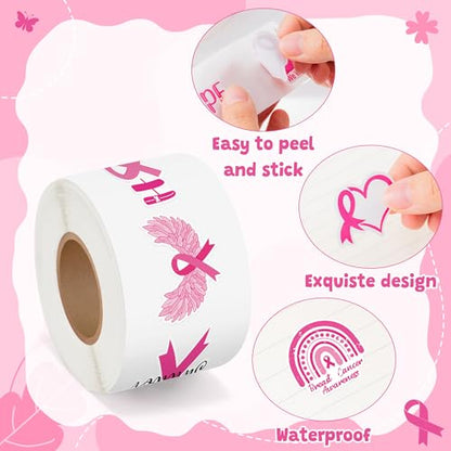 BeYumi Breast Cancer Awareness Stickers - 1000Pcs Breast Cancer Awareness Stickers in 2 Rolls Waterproof Vinyl Pink Ribbon Caring for Women's Health Decals Care About Women Laptop Bottle Luggage Decor - style: Breast Cancer Awareness