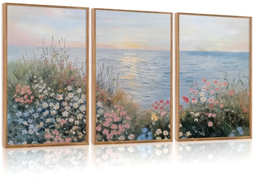 CHDITB Coastal Wildflower Framed Wall Art, Minimalist Beach Wall Decor, Nature Seaside Flower Painting, Modern Neutral Botanical Artwork Floral Ocean Art Prints For Living Room Bedroom Decor 12”X16”X3 - color: Wildflower