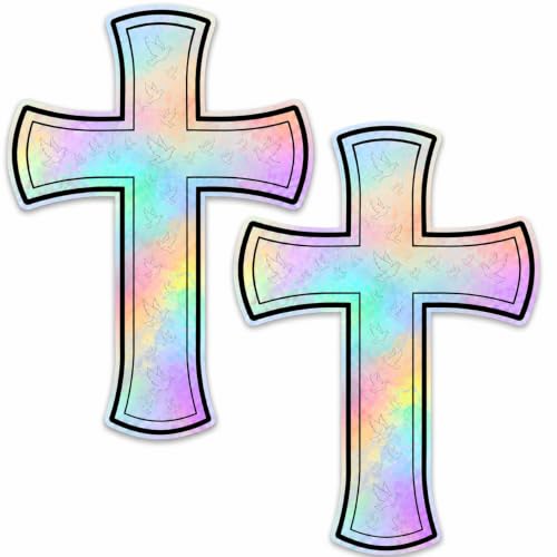 Christian Holographic or Reflective Cross Car Decal, Jesus Cross Vinyl Sticker with Subtle Dove or Heart Pattern, Weather Resistant (Prism Dove - 2 Pack) - color: Prism Dove - 2 Pack