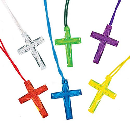 Podzly 48 Pieces Crystal Cross Necklaces - Small Plastic Crosses for Religious Party Favors, Sunday School & Vacation Bible School - Crystal Cross Necklace, Bulk Cross Necklace