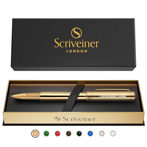 Scriveiner Personalized Gold Rollerball Pen - Stunning Luxury Pen, Real Gold Plating, Schmidt Ink Refill, Best Engraved Roller Ball Gift Set for Men & Women, Custom Name Engraving - color: Gold (Personalized)