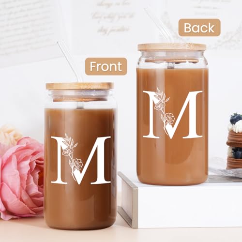 SANDJEST Monogrammed Gifts for Women - Monogram M Initial Glass Cup 16 Oz Can Coffee Cups with Lid and Straw - Monogram Initials Gifts for Womens on Birthday - color: Initial M