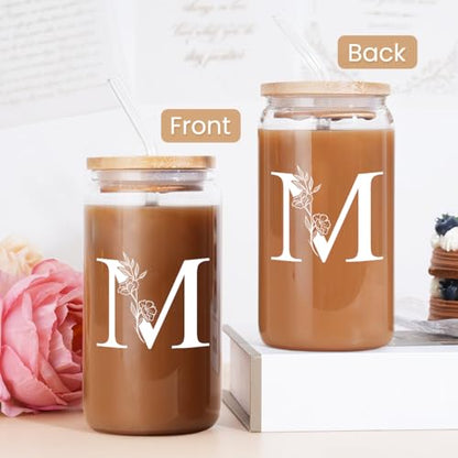 SANDJEST Monogrammed Gifts for Women - Monogram M Initial Glass Cup 16 Oz Can Coffee Cups with Lid and Straw - Monogram Initials Gifts for Womens on Birthday - color: Initial M