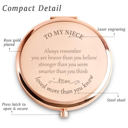 Personalized Gifts for Niece, Inspirational Niece Gifts for Birthday, Engraved Compact Mirror, Graduation Mothers Day Basket Stuffers - color: Niece - Braver,stronger,smarter,loved