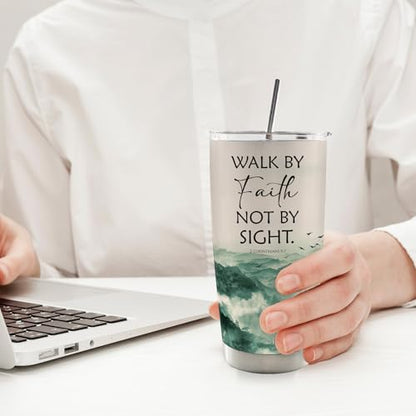 Christian Mountain Landscape 20oz Travel Coffee Mug Tumbler, Christian Gifts for Women Men, Walk By Faith Not By Sight Bible Verse Religious Stainless Steel Tumbler with Lid and Straw - color: faith