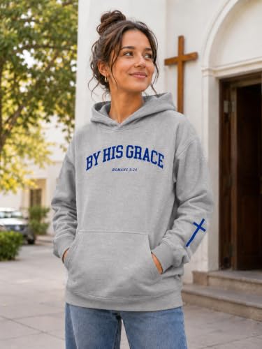 FAYALEQ Christian Sweatshirt By His Grace Letter Print Hoodie Christian Religious Sayings Sweater Bible Pullover Tops - color: Grey, size: Small