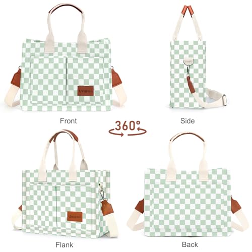 LHMTQVK Canvas Tote Bag for Women, Work & Bible Study Handbag - color: Green Grid