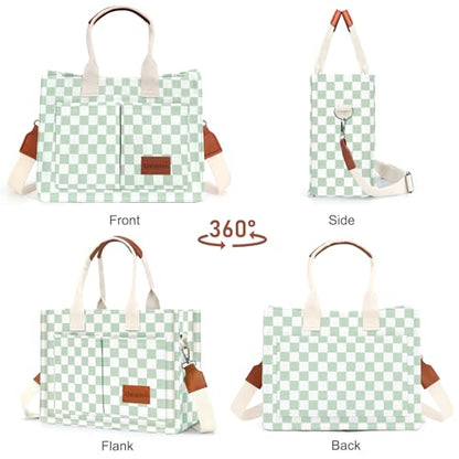 LHMTQVK Canvas Tote Bag for Women, Work & Bible Study Handbag - color: Green Grid