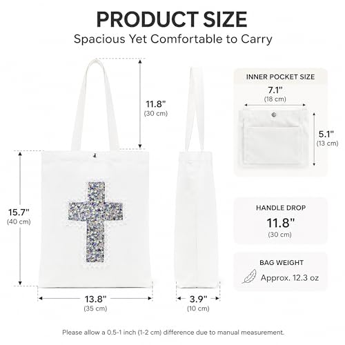 Christian Tote Bag Gift for Women, Canvas Bible Bag Handmade Floral Cross - color: White-lavender Field Floral
