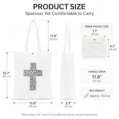 Christian Tote Bag Gift for Women, Canvas Bible Bag Handmade Floral Cross - color: White-lavender Field Floral
